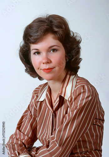 Illustration of a portrait of a businesswoman from 1968 captures the essence of fashion and corporate style of the time. 25-year-old woman in the 60s in the business world.