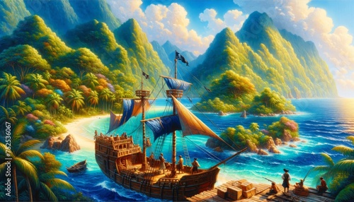 Pirate Ship Discovering an Uncharted Island