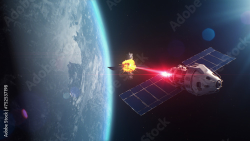 3D VFX rendering of satellite attacking another satellite with laser weapon in space on Earth planet orbit. Escalation of political conflict and arms race in cosmos. Nuclear war and armed aggression.
