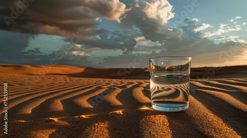 Szklanka wody stoi na piasku na plaży, rzucając cień na wydmy. Całość jest widoczna w świetle słońca.