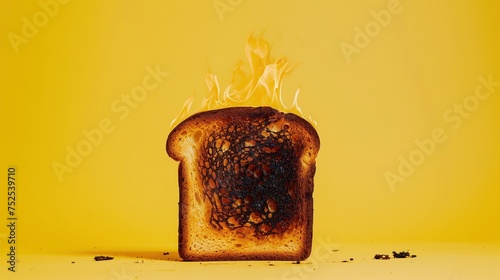 Na kawałku tosta widoczne są płomienie, które wydobywają się z jednej strony chleba. Całość znajduje się na tle żółtego tła.