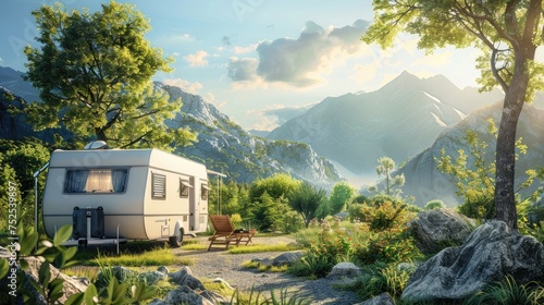 caravan camping, as depicted in a lifelike photograph featuring a caravan nestled in a picturesque camping site, inviting relaxation and exploration.