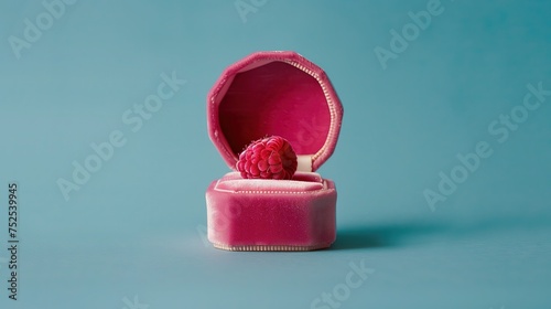 Malina umieszczona w różowym aksamitnym pudełku na jasnoniebieskim tle, ujęcie z bliska, detale owocu i pudełka wyróżniają się na tle kolorowej tkaniny.