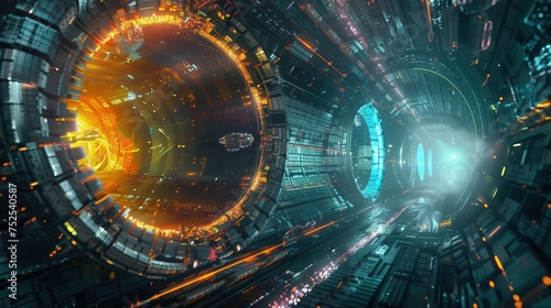 Futurystyczny ogromny tunel kosmiczny wypełniony jasnymi światłami, w którym lata statek.