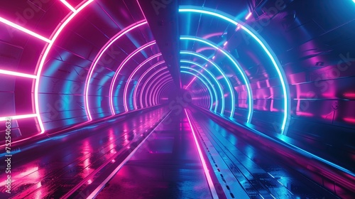 W długim tunelu widoczne są intensywne światła neonowe, które oświetlają przestrzeń.