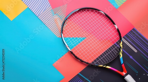 Na zdjęciu widać bliskie ujęcie rakiety tenisowej umieszczonej na barwnym tle wykonanym z geometrycznych wzorów.
