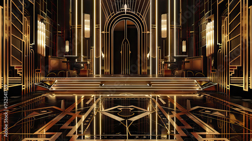 Art Deco Speakeasy Stage: Roaring Twenties with this glamorous stage, adorned with geometric patterns, mirrored surfaces, and sleek chrome accents, capturing the spirit of a prohibition-era speakeasy