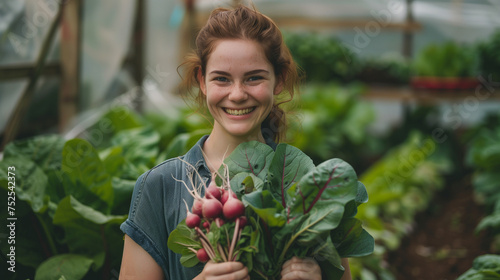 Young woman picking organic Pink Radish in a greenhouse