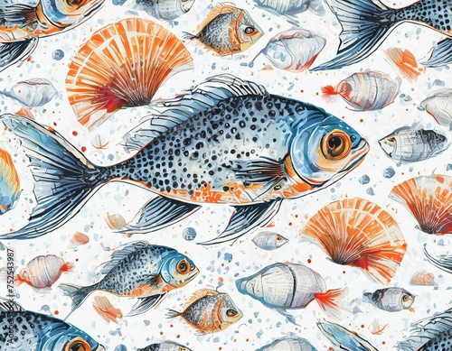 Powtarzający się kolorowy wzór z rybami i muszlami na białym tle, tapeta, ilustracja