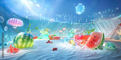 Watermelon Wonderland: Dive into a Refreshing Oasis. Frutiger Aero Aesthetic. Vivid