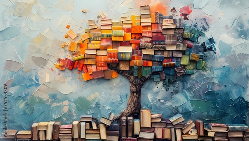 A vibrant and colorful portrayal of a tree made of books, symbolizing the diverse and rich world of literature