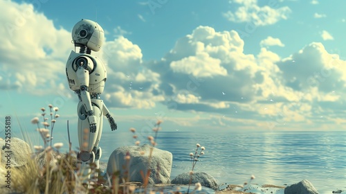 Robot stoi na szczycie plaży, obok oceanu, spoglądając w oddali. Słońce oświetla metaliczne ciało robota, który stanowi kontrast w stosunku do naturalnego krajobrazu plaży.