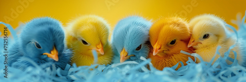 Colorful Chicks Nestled in Blue Easter Grass