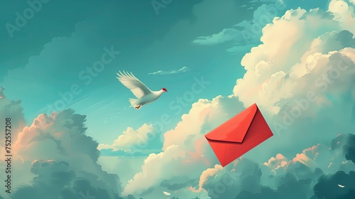 Ptak lecący nad czerwoną kopertą na niebie