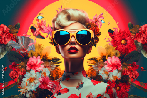 Modern painting in pop art style of young beautiful blonde woman in yellow sunglasses on bright colorful floral background. Contemporary trendy stylish drawing in bold hues