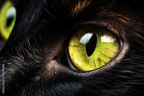 Black Domestic House Cat with Wide Green Eyes and Long Whiskers. Close-up Studio Shot of Cute