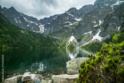 picturesque high mountain lake "Sea eye" or "Morskie oko" in the High Tatras in Poland, beautiful mountain landscape