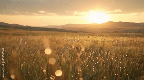 An awe-inspiring nature landscape at sunrise, where the golden light spills over vast fields of wild grass, casting long shadows and highlighting the delicate dewdrops clinging to blades