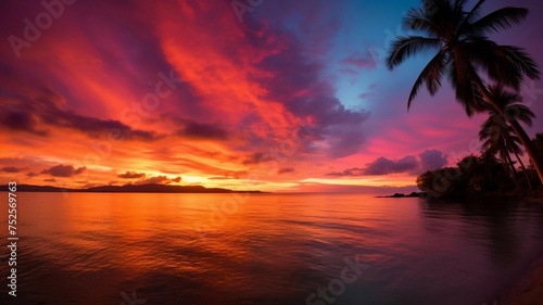 Colorful Sunset over the Ocean with Palm Trees 
