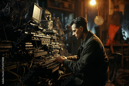 an employee controls industrial devices in a workshop or laboratory, a control panel with electronics and wires, in the style of industrial retro reportage photography