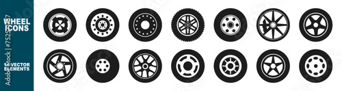 Black rubber wheel tire set icon illustration. Car tire tread tracks, motorcycle racing wheels and dirty tires track