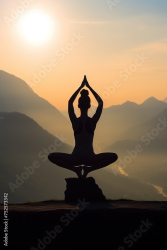 A person sitting in a yoga pose on a rock. Ideal for health and wellness concepts