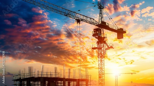 An articulated boom lift is depicted alongside a construction crane against the backdrop of a sunset sky. This mobile construction crane is available for rent and sale