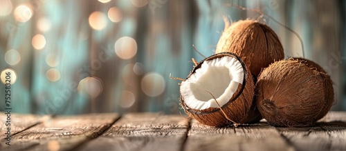 Two coconuts sit atop a weathered wooden table, showcasing their natural freshness and exotic appeal. The brown, hairy shells contrast with the smooth surface of the table, creating a simple yet