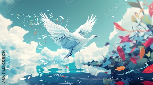 Biały ptak lecący przez pochmurne niebo nad taflą wody, tworząc smugi i gubiąc pióra