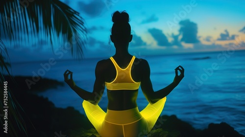 Kobieta w żółtym neonowym topie sportowym wykonująca jogę na naturalnym tle spokoju oceanu