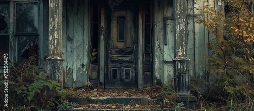 Abandoned and run down house with a broken door in a desolate neighborhood