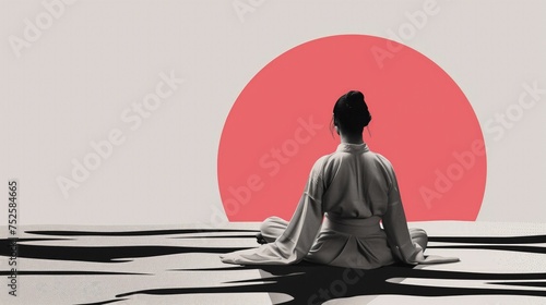 Kobieta siedzi na ziemi w pozycji medytacyjnej, skoncentrowana na chwili uważności, patrząc na czerwone słońce na niebie.