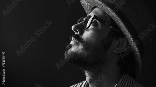 A black and white profile portrait of a man with a beard and mustache wearing round glasses and a striped fedora hat. He is looking slightly upwards with a thoughtful or introspective expression. The 