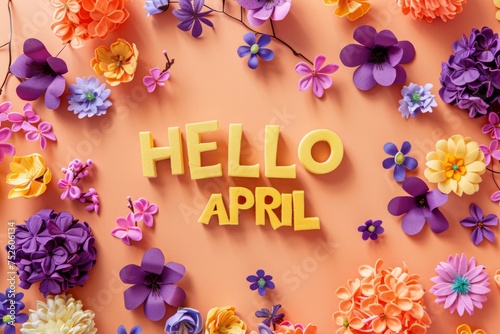wallpaper the words hello april in yellow and purple flowers Generative AI