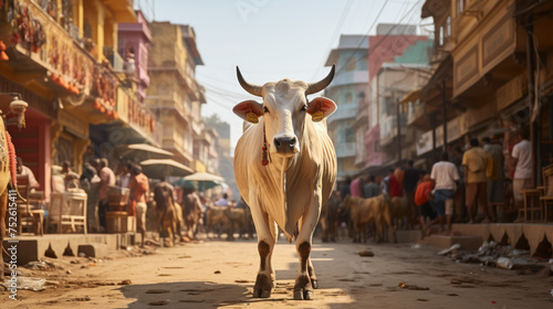 Indian sacred cow on the street of Varanasi, India, Asia, East, ancient architecture, animal, artiodactyl, horns, bull, calf, traditional, elegant, flowers, rite, national, culture, custom