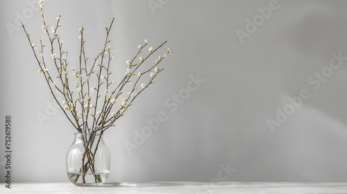 Willow branches in a glass vase. Light gray background