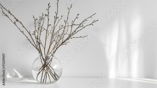 Willow branches in a glass vase. Light gray background