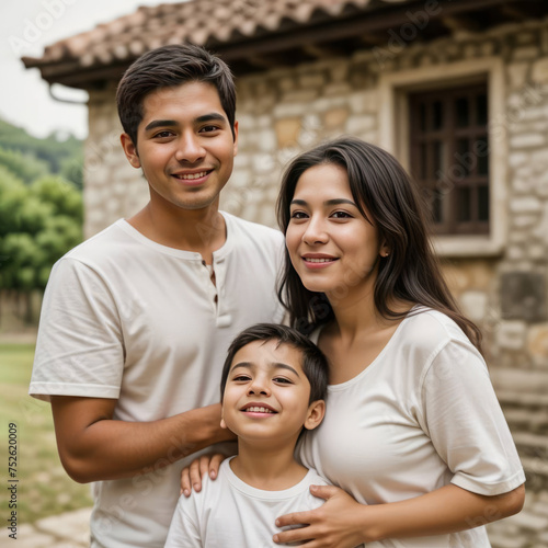 Happy Latin couple, son between parents, village scenery in background.