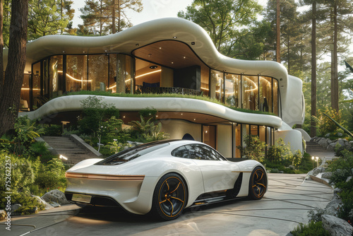 Cutting-edge car concept against futuristic forest dwelling: The future arrives