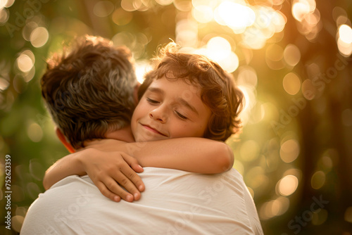 Child hugging his father in outdoors environment for Father's day