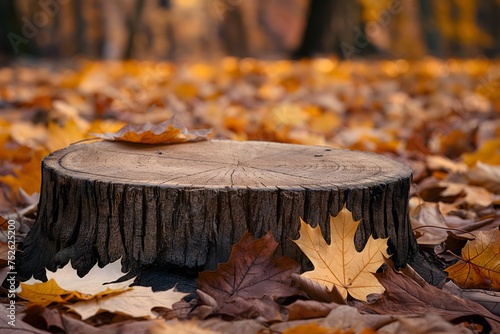 tree stump podium between autumn leaves fall season themed background