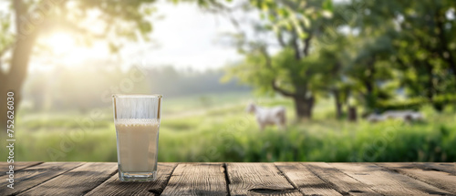 Panoramic view. Milk glass on wooden table top on blur grass field and milk cow farm. Generative AI.