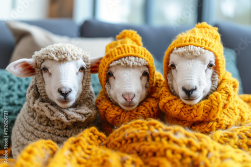 Owce ubrane w ciepłe szaliki i czapki