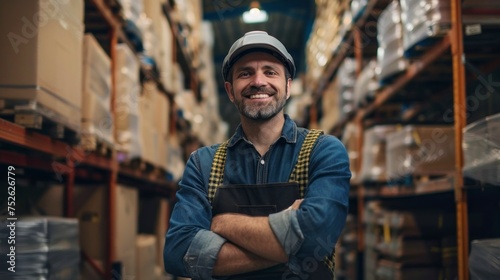 man with helmet looking at the camera working in a warehouse with boxes with good lighting in high resolution and high quality. concept work,wine house,man