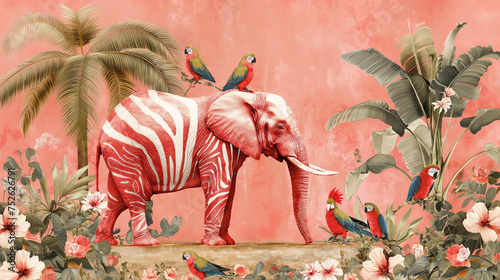 Kolorowa abstrakcyjna ilustracja, czerwony słoń w białe paski, papugi, palmy