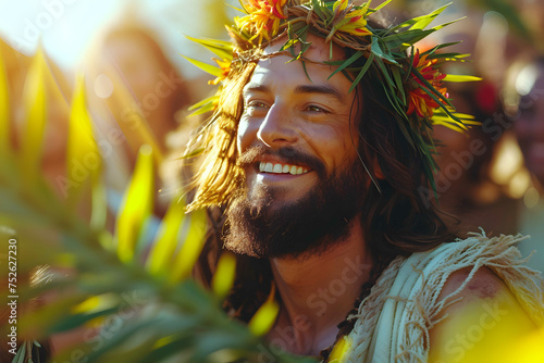 Portrait of Jesus of Nazareth, The Messiah arrives in Jerusalem smiling and surrounded by faithful with branches, happiness and celebration before the Son of God