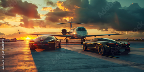 car and private jet on landing strip