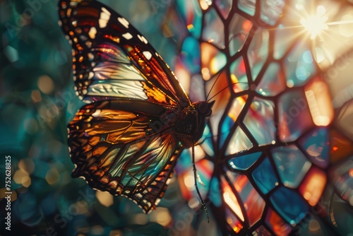 Monarch butterfly perched on stained glass, vibrant wings contrasted against colorful background.