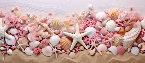 A group of seashells and starfish are scattered on a sandy beach, creating a natural scene. The starfish are pink, contrasting with the neutral tones of the sand and shells.