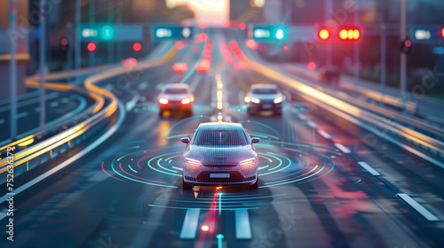 Sensing system and wireless communication network of vehicle. Autonomous car. Driverless car. Self driving vehicle. highway road with self-driving cars with signals around the cars, smart ransport